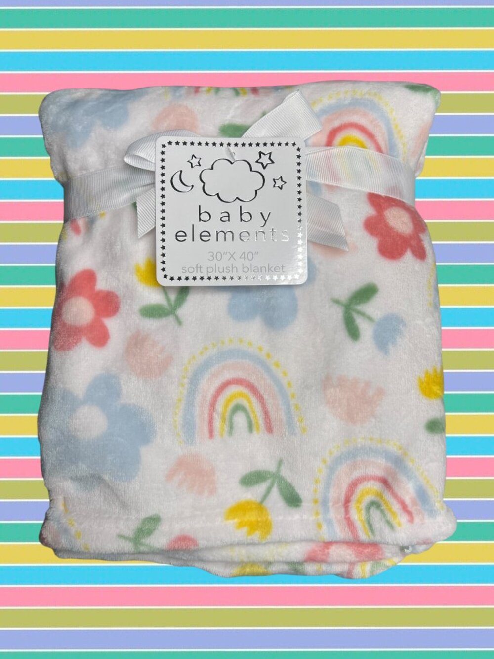 NWT Rainbows Floral Flowers Tulips Plush Baby Blanket Toddler Pink Blue White
